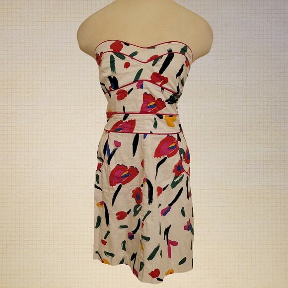 Vintage Lucy Love Strapless Abstract Print Sweetheart Mini Dress White W XXS - Picture 1 of 8